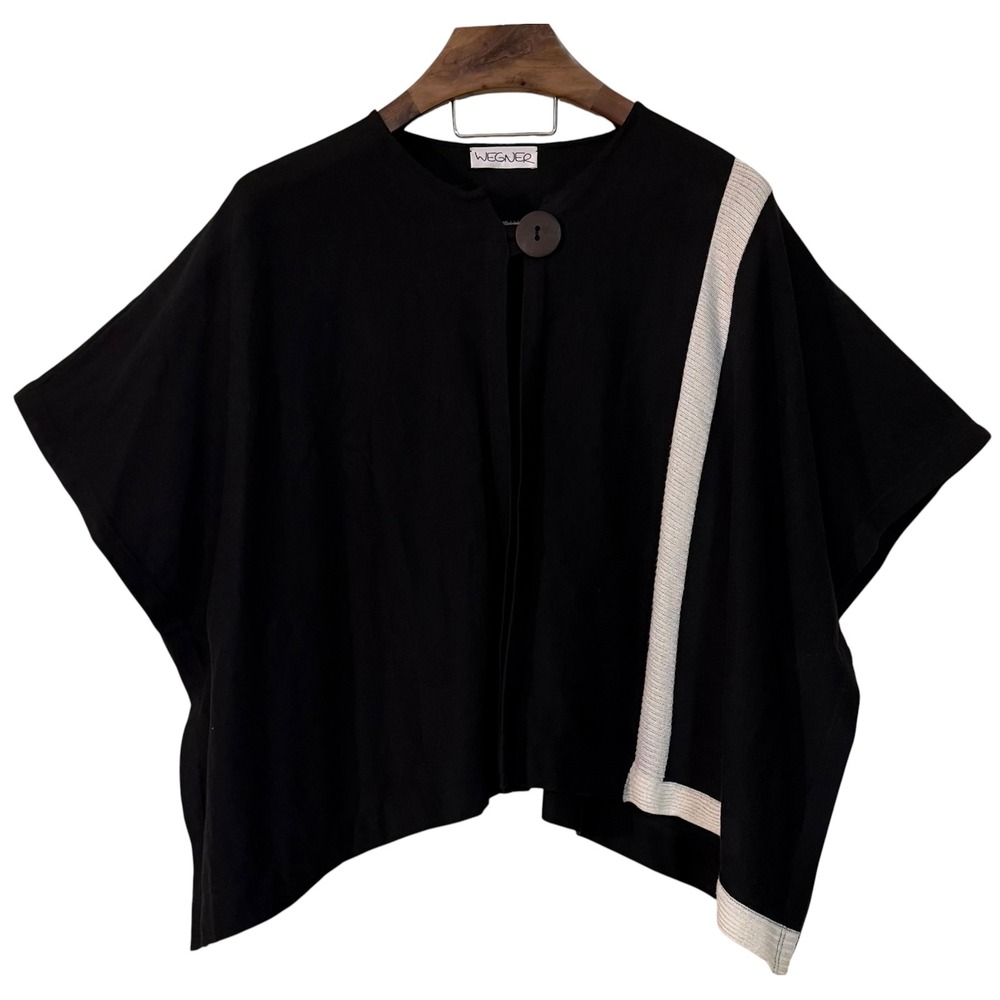 Wegner Black White Knit Poncho Cardigan Button Cape Lagenlook Minimalist Boho OS
